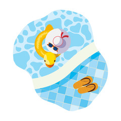 edge of pool with duck float and sandals scene