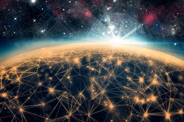 3D illustration. Lines connecting the earth seen from outer space with bright solar light. Concept of social and business network. No people. 3D Render © Icruci