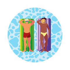 interracial men with swimsuit and float mattress in water