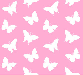 Fototapeta na wymiar Vector seamless pattern of white silhouette of butterfly butter fly isolated on pastel pink background 