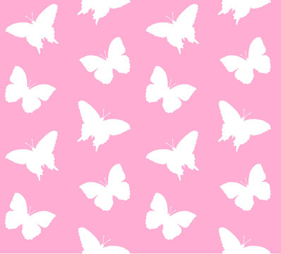 Vector Seamless Pattern Of White Silhouette Of Butterfly Butter Fly Isolated On Pastel Pink Background 