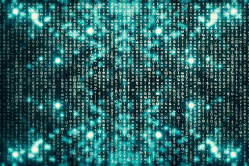 Blue matrix digital background. Abstract cyberspace concept. Characters fall down. Matrix from symbols stream. Virtual reality design. Complex algorithm data hacking. Cyan digital sparks.