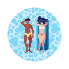 interracial couple with float mattress in water