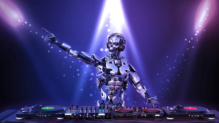 DJ Robot, disc jockey cyborg pointing and playing music on turntables, android on stage with deejay audio equipment, 3D rendering