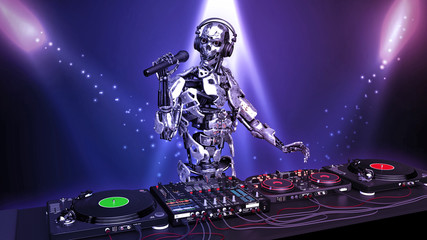 DJ Robot, disc jockey cyborg with microphone playing music on turntables, android on stage with deejay audio equipment, close up view, 3D rendering - 272903535