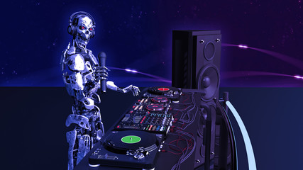 DJ Robot, disc jockey cyborg with microphone playing music on turntables, android on stage with deejay audio equipment, side view, 3D rendering