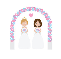 Vector flat cartoon lesbian wedding with two woman bride isolated on white background