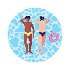 interracial men with swimsuit floating in water