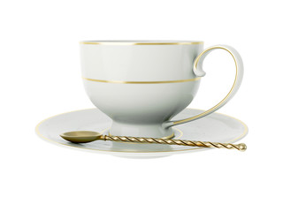 Antique white porcelain cup with gold, gold tea spoon on white. 3D Illustration