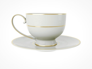 Isolated antique porcelain cup with gold on white background. 3D Illustration