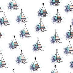 Nautical pattern yachts silhouette on wave.