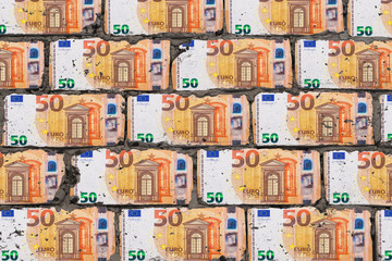 Realistic wall of blocks in form of fifty euro. Bricks from money art concept.