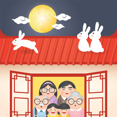 The Mid-Autumn Festival greeting card with moon, moon cake, lantern, rabbit  &  family vector illustration. Cation: Mid Autumn Festival © CH