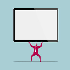 Businessman holds up the tablet. Isolated on blue background.