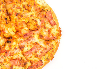 Pizza slice top view isolated on white background, with onions, bacon and cherry tomatoes, thin pastry crust, closeup with copy space and text
