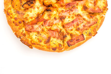 Pizza slice top view isolated on white background, with onions, bacon and cherry tomatoes, thin pastry crust, closeup with copy space and text