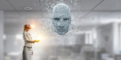 Digital head, artificial intelligence and virtual reality. Mixed media