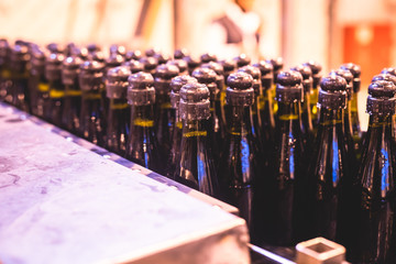 View of glass bottles on the conveyor belt, bottle necks on the production line, brewery equipment,...