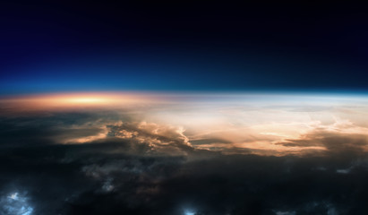 Sunrise on planet orbit, space beauty