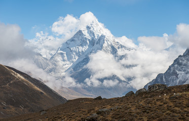 View of Mt.Ama Dablam (6,812 m) one of the most beautiful mountain in the World, situated in the Himalaya range of eastern Nepal.