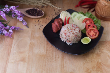 fried rice vegetarian,thai vegetarian food on wooden background.