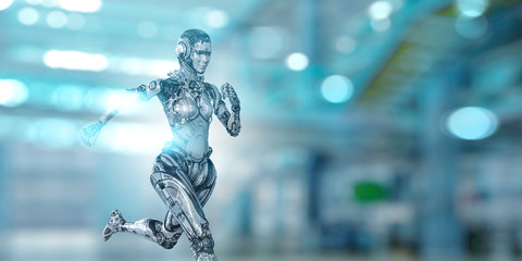 Cyborg silver running woman. Mixed media