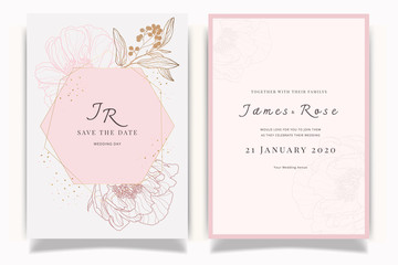Rose Gold  Wedding Invitation, floral invite thank you, rsvp modern card Design in white Peony with red berry and leaf greenery  branches decorative Vector elegant rustic template