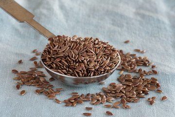 Brown Flaxseeds Spilled from a Teaspoon