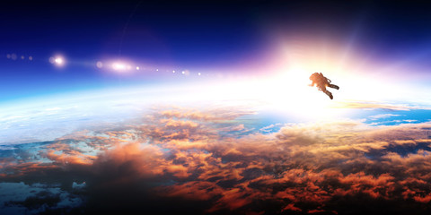 Spaceman and planet, human in space concept