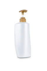 Dispenser head pump Gold color, white body plastic bottle cosmetic hygiene shampoo, conditioner with body moisturising isolated on white background