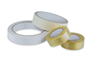 office stationary Roll of Glue tape, masking tape, Double-sided adhesive and scotch tape isolated on white background