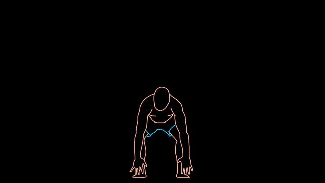4K line drawing of a man doing jumping jacks and burpees in a loop, colored ink on black background.
