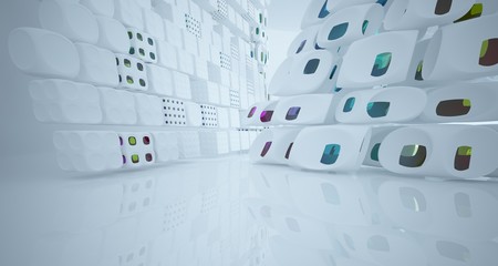 Abstract white and colored gradient glasses interior multilevel public space with window. 3D illustration and rendering.