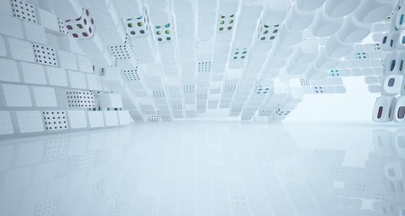 Abstract white and colored gradient glasses interior multilevel public space with window. 3D illustration and rendering.