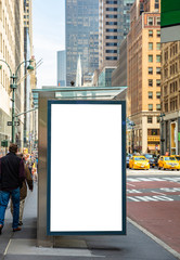 Blank billboard at bus stop for advertising, New York city buildings and street background - obrazy, fototapety, plakaty
