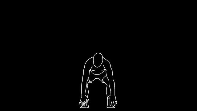 4K line drawing of a man doing jumping jacks and burpees in a loop, white on black background.