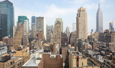 Aerial view of Manhattan skyscrapers, New York city, cloudy spring day