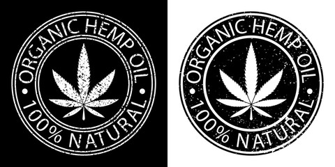 Marijuana leaf circle logo. Organic Hemp Oil label. 100% organic. Grunge effect Vector illustration. For web, packaging, product, logo, graphic design