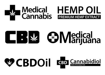 Medical Marijuana, Cannabis logo icon set.  Set of medical and recreational marijuana logo and icons. Black and white Marijuana Healthcare logo. CBD logo. Isolated vector illustration. 