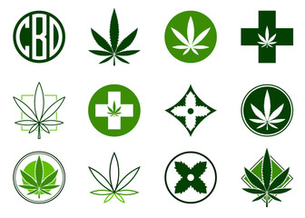 Marijuana, Cannabis icons set.  Set of medical and recreational marijuana logo and icons. Green Marijuana leaf. CBD logo. Isolated vector illustration. 