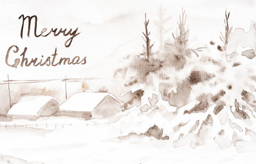Postcard with the inscription Merry Christmas. Winter brown landscape of the village in the woods. Hand drawn watercolor illustration