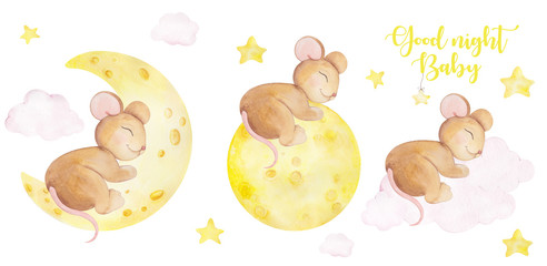 Cute mouse sleeping on the moon and clouds, watercolor hand draw animals isolated on white background