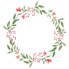 Wreath with watercolor leaves, flowers and branches, hand draw element isolated on white background