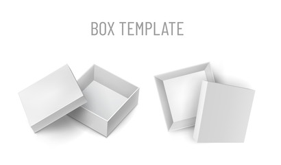 Opened cardboard gift case with cap mockup set. Merchandise branding layout. Top view of blank paper boxes isolated on white background. Realistic 3d pasteboard containers vector illustration.