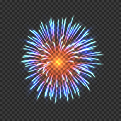 Festive fireworks with blue and orange sparkles. Realistic single firework bright flash isolated on transparent background. Holiday celebration colorful vector element for greeting cards decoration
