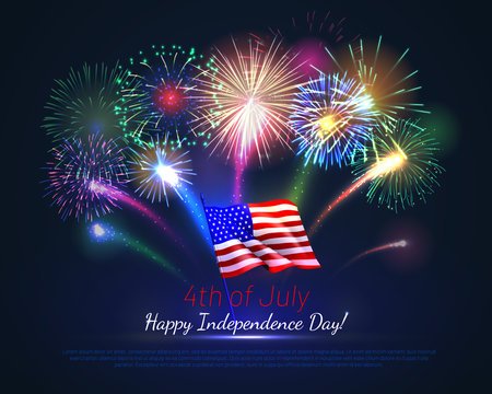 Happy 4th of July USA Independence Day greeting card. Realistic wavy american flag and brightly shining fireworks on deep blue background. National patriotic holiday banner vector illustration.