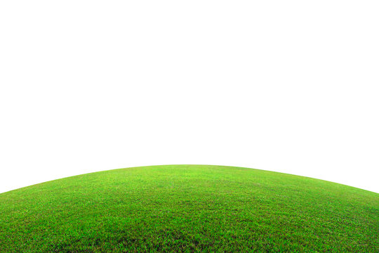 Green Grass Field On Mountain Isolated On White Background. Beautiful Grassland With Slope. ( Clipping Path )