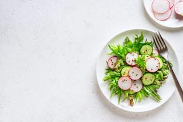 Vegetable salad of fresh radish, cucumber, lettuce and flax seed