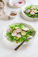 Vegetable salad of fresh radish, cucumber, lettuce and flax seed