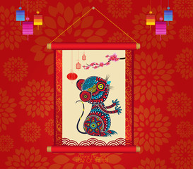 Rat Chinese New Year. Red Background With Flower. Year of the rat 2020 (hieroglyph Rat)